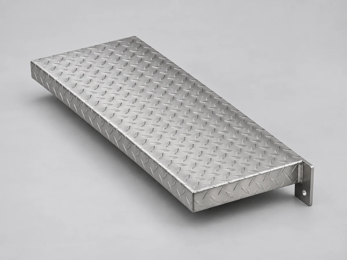 A stainless steel non-slip step with a raised tread pattern