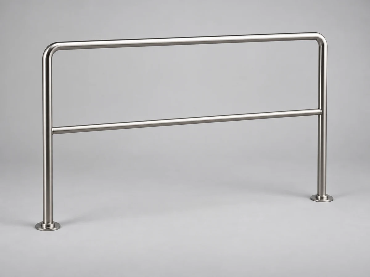 A stainless steel handrail with upper and middle horizontal bars