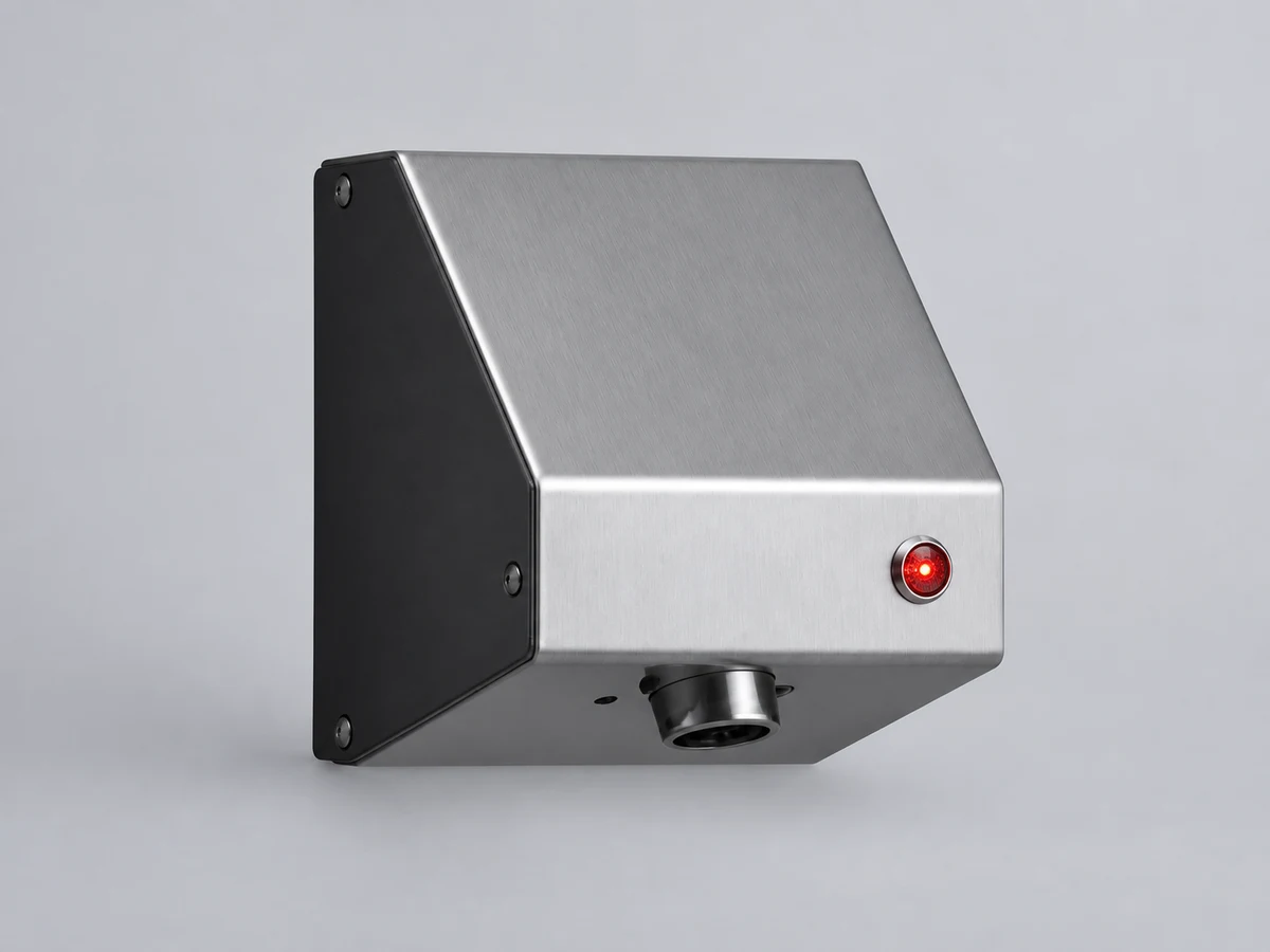 A sensor-operated liquid soap dispenser with a red LED indicator and stainless steel housing