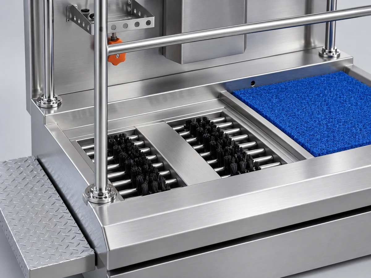 Two sole-cleaning brushes side by side in a stainless steel platform
