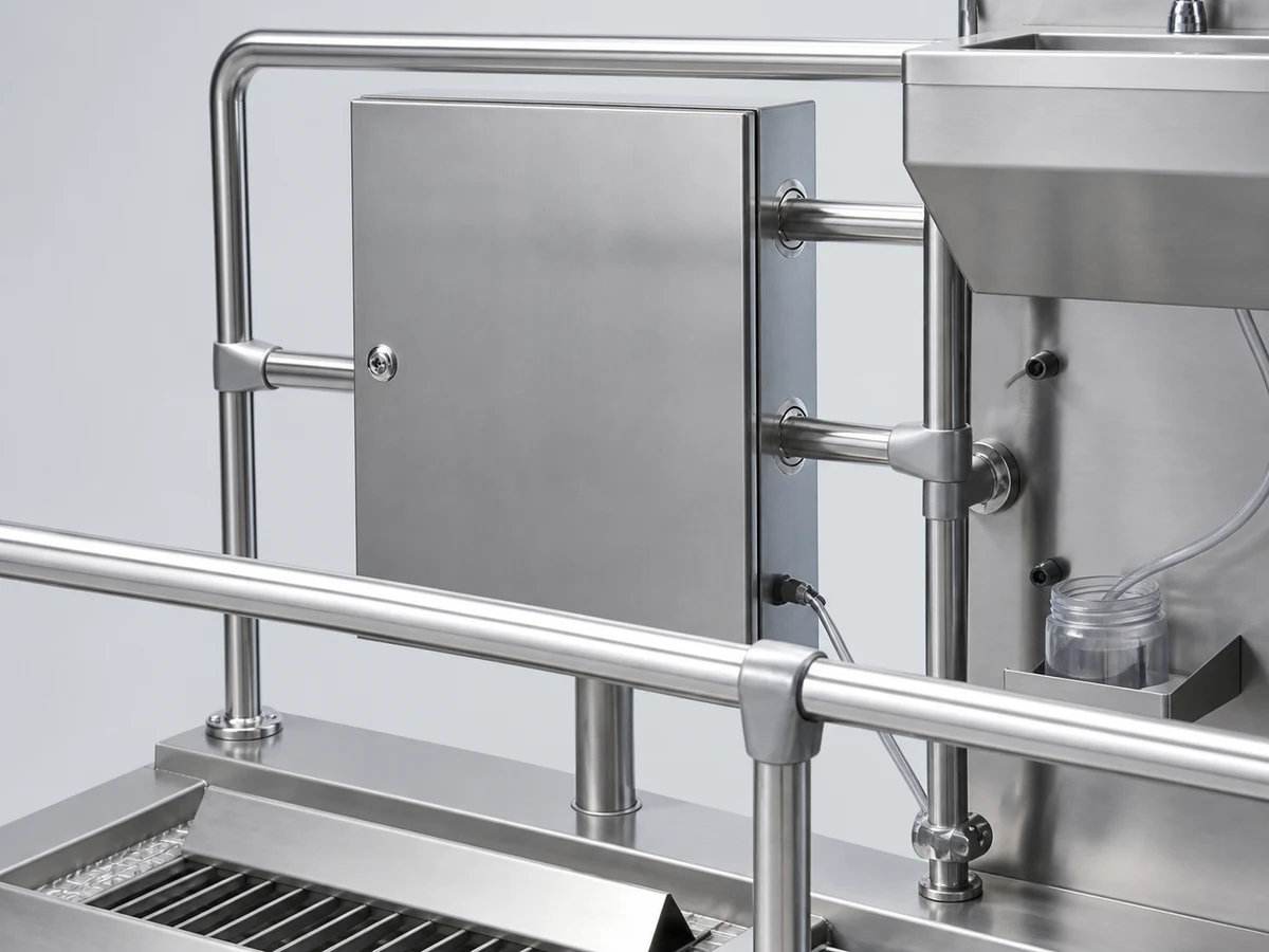 A lockable stainless steel control cabinet on a hygiene station