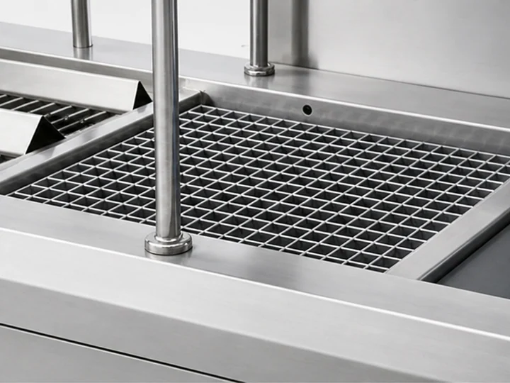A grated footbath beside the brushes on a hygiene station platform