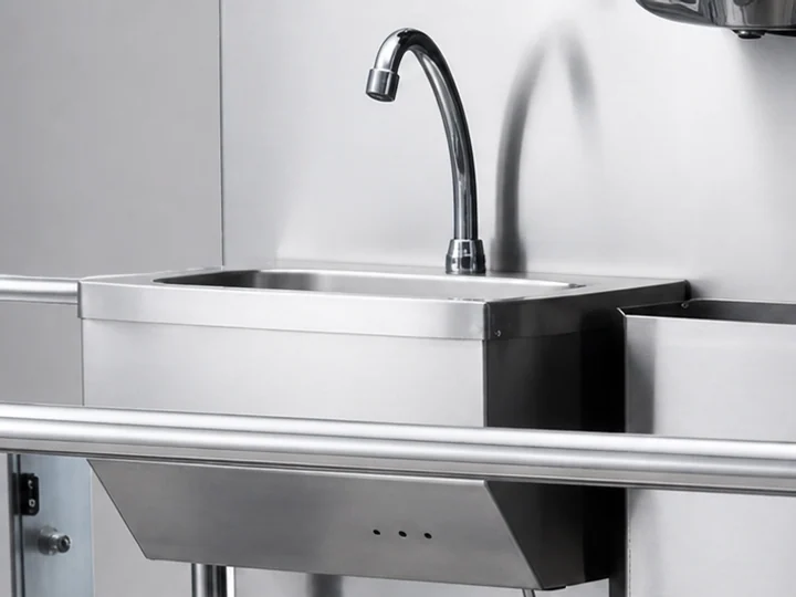 An integrated stainless steel handwashing sink with a curved tap on a hygiene station