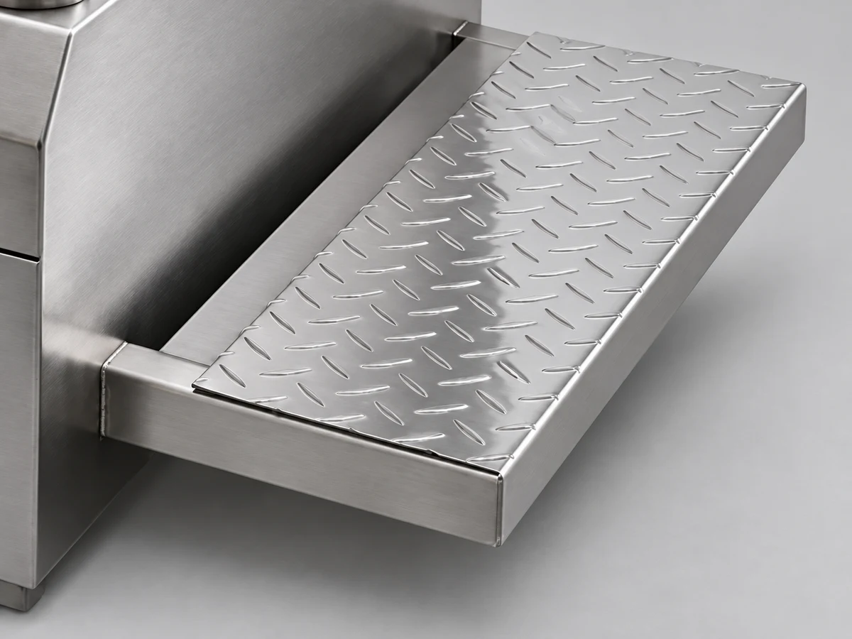 A stainless steel entry step with a raised tread pattern on a hygiene station