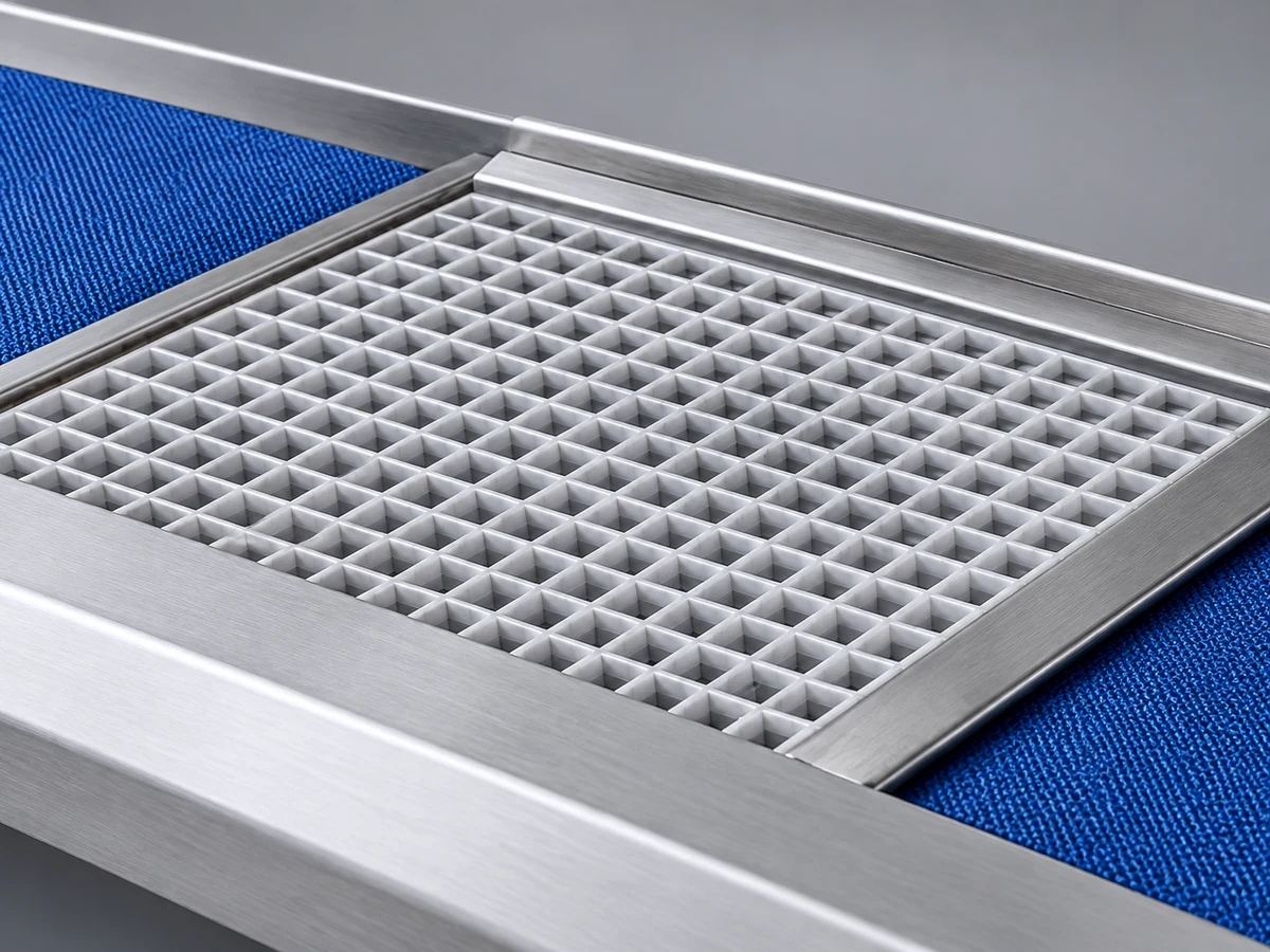 Grated disinfectant footbath between two blue mats on the HGE-L hygiene station