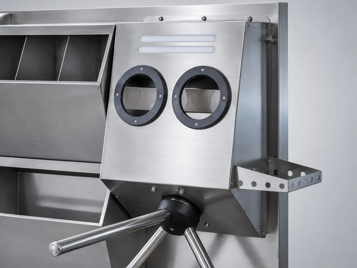Close-up of the HGE-L dual-hand disinfection unit and turnstile connection