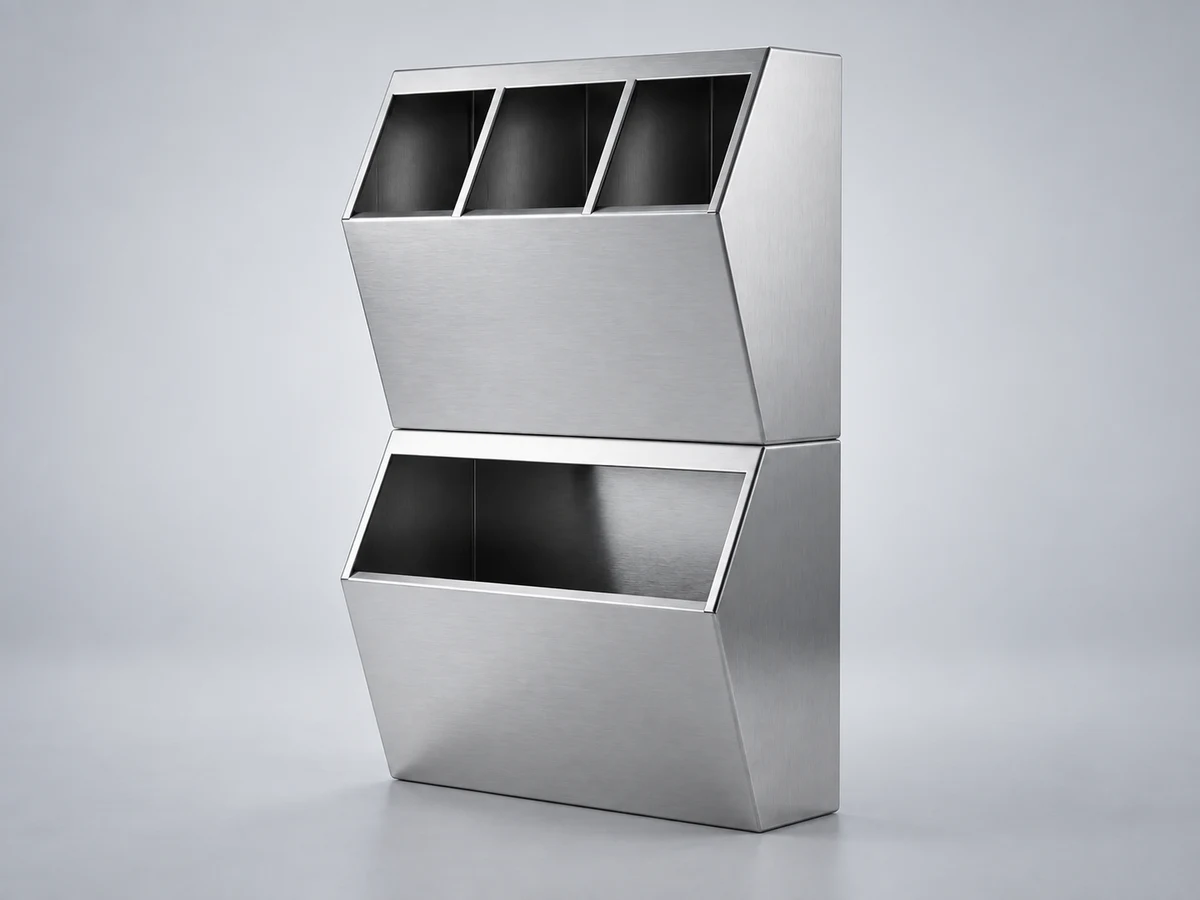 A stainless steel PPE dispenser for HGE-L with three upper compartments and one lower compartment
