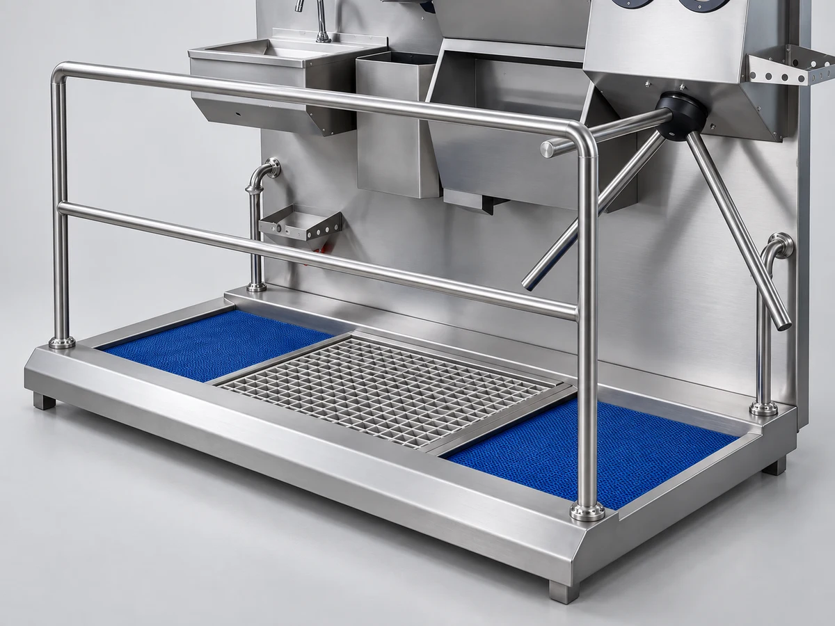 Blue moisture-removal mats at the entry and exit of the HGE-L hygiene station