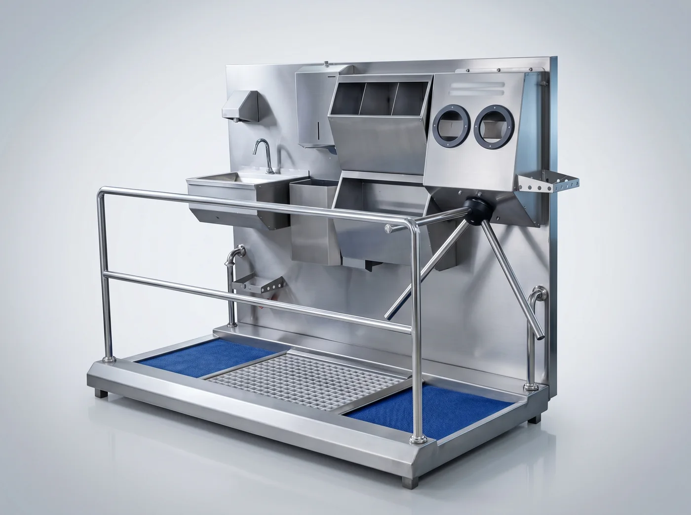 Sink, PPE dispensers, turnstile and grated footbath on the HGE-L hygiene station