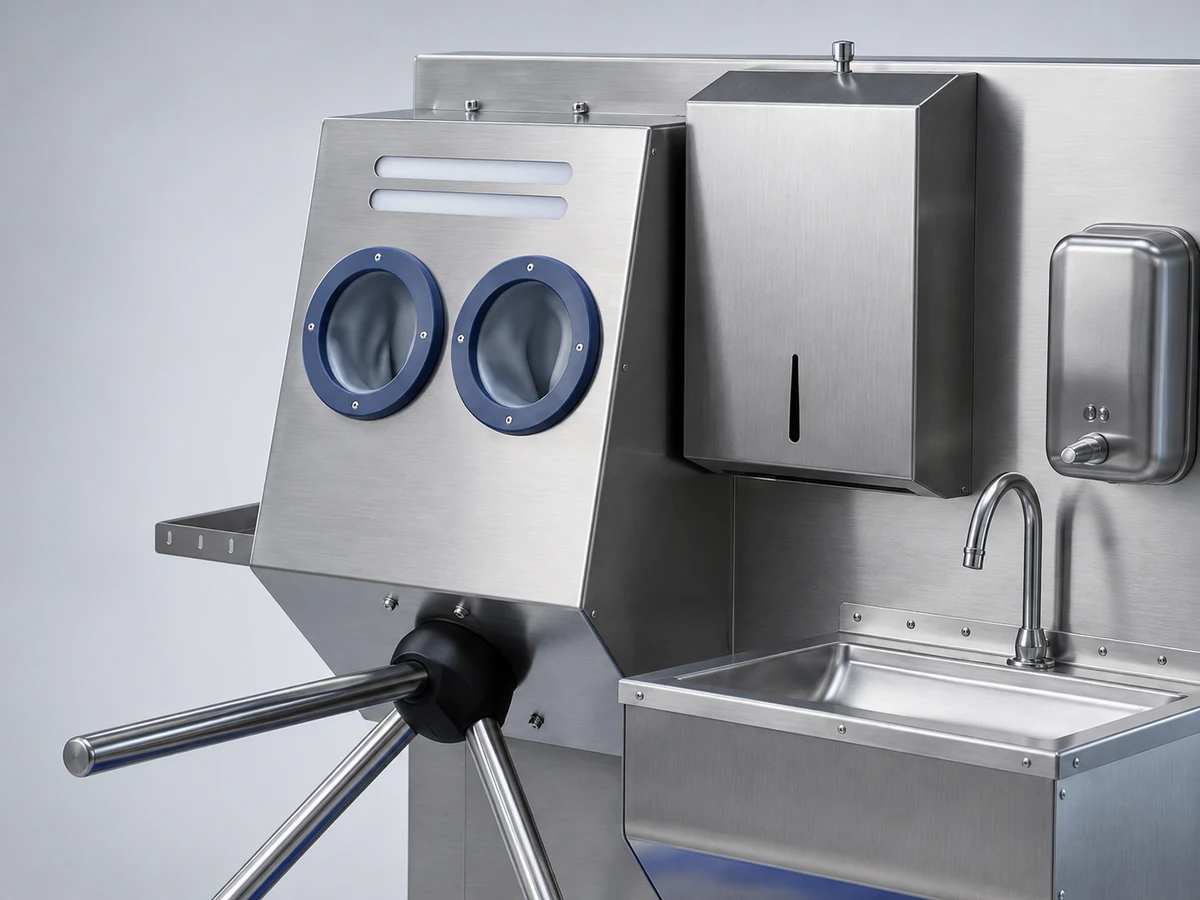 Blue-ringed hand openings on the HGE-M dual-hand disinfection unit