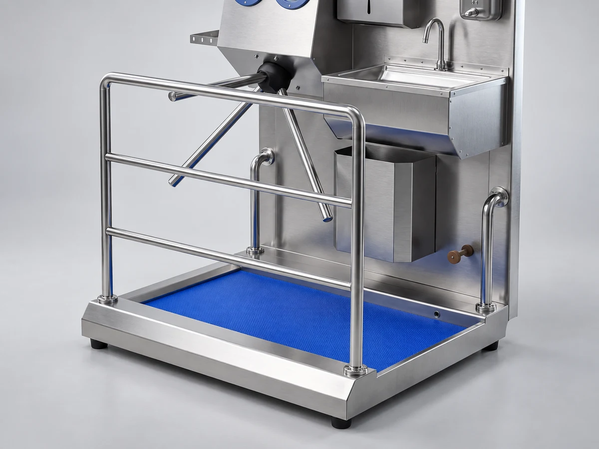 A stainless steel disinfectant footbath with a blue mat and support feet for HGE-M