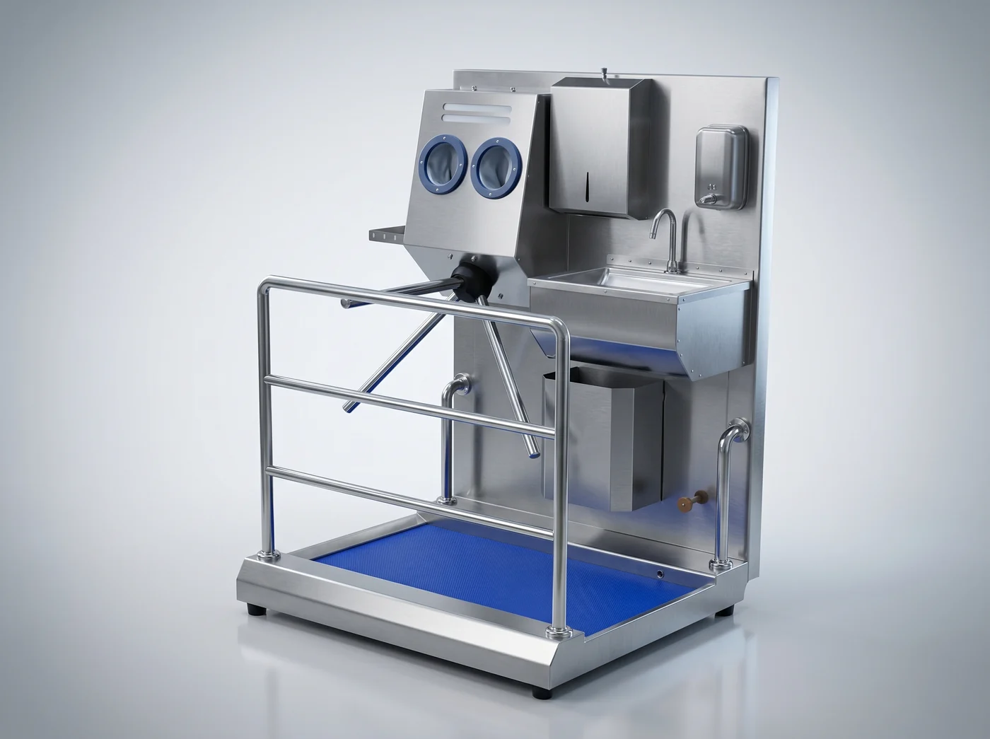 Dual-hand disinfection unit and blue-mat footbath on the HGE-M hygiene station with a sink