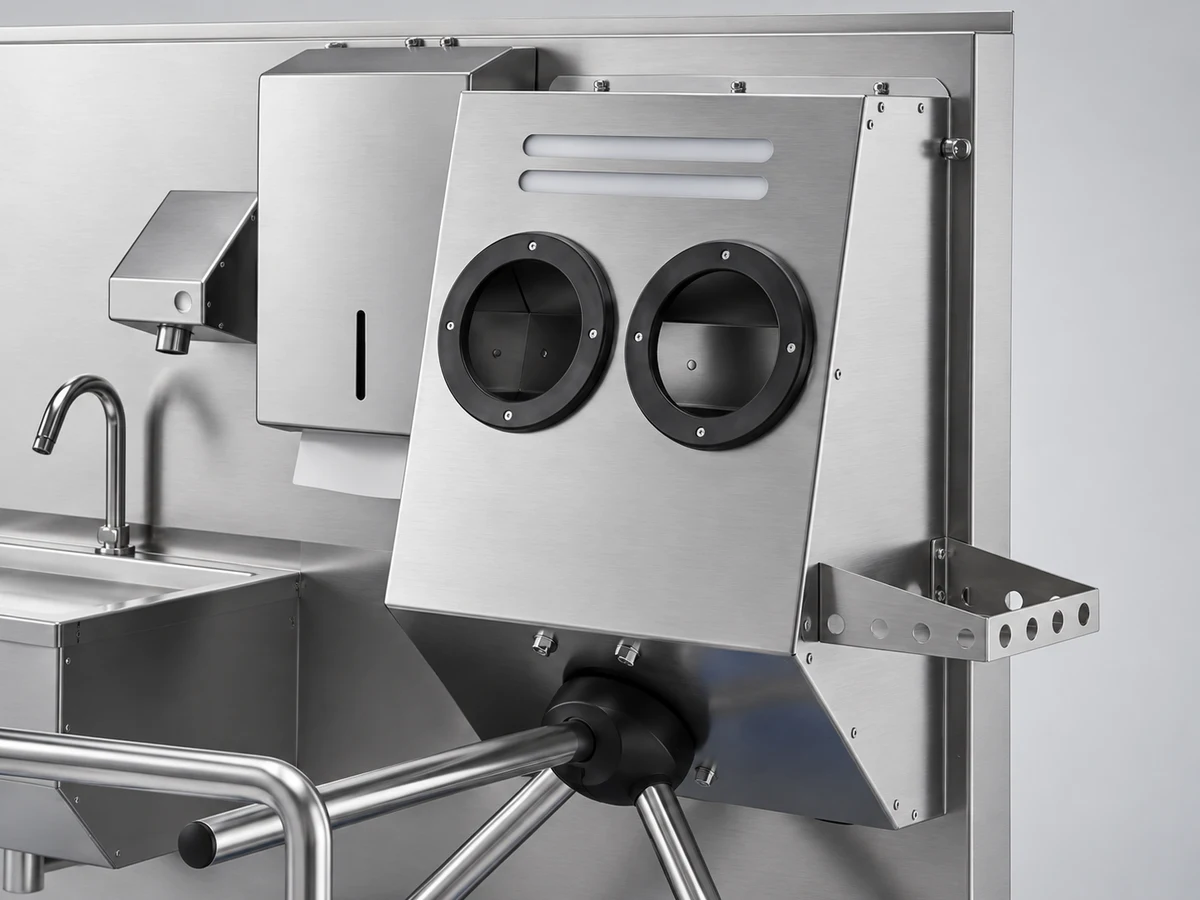 Close-up of the HGE-M1 dual-hand disinfection unit and turnstile connection