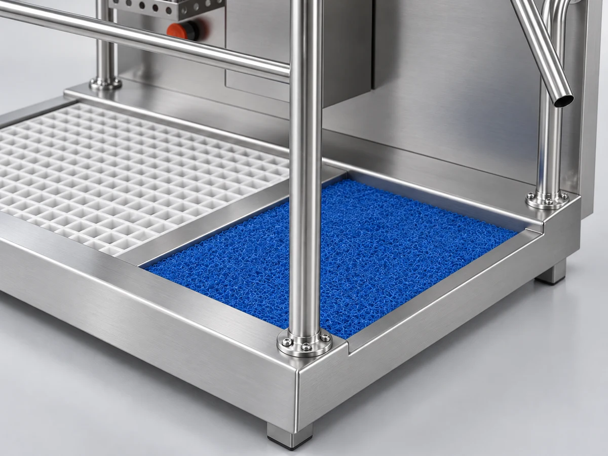 Blue moisture-removal mat beside the grated footbath on the HGE-M1 hygiene station
