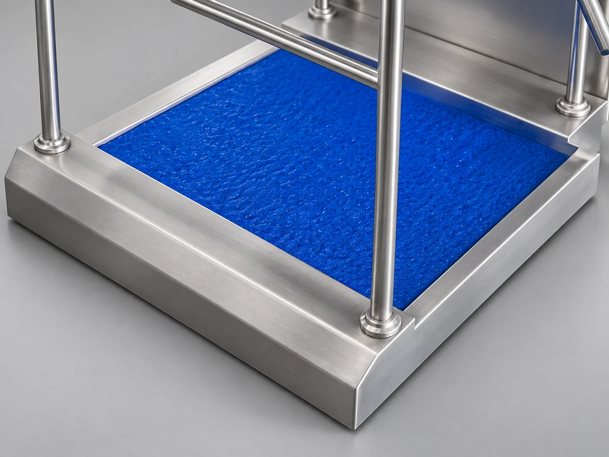 A blue-mat disinfectant footbath in a stainless steel frame for HGE-S