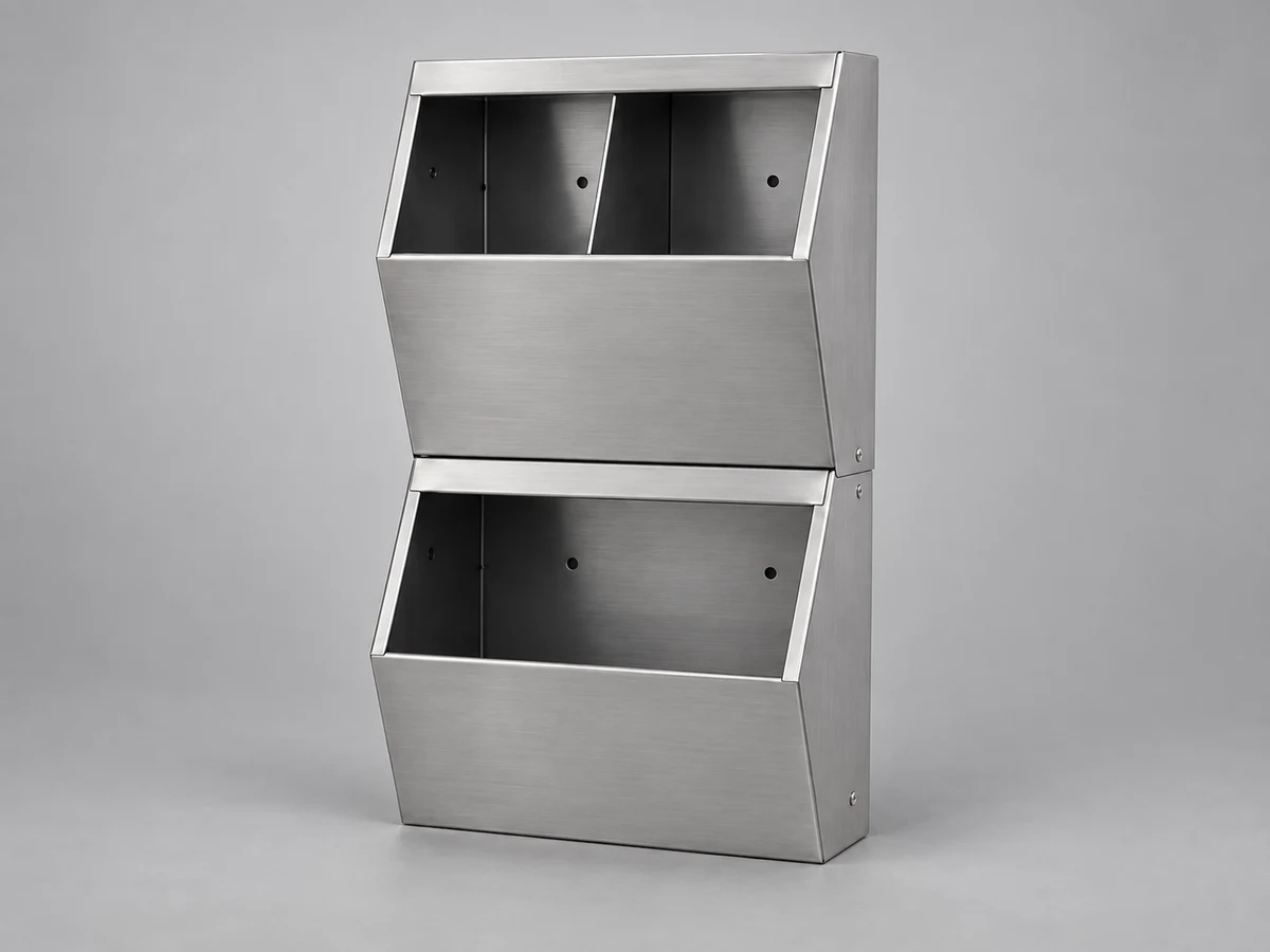 A stainless steel PPE dispenser for HGE-S with two upper compartments and one lower compartment