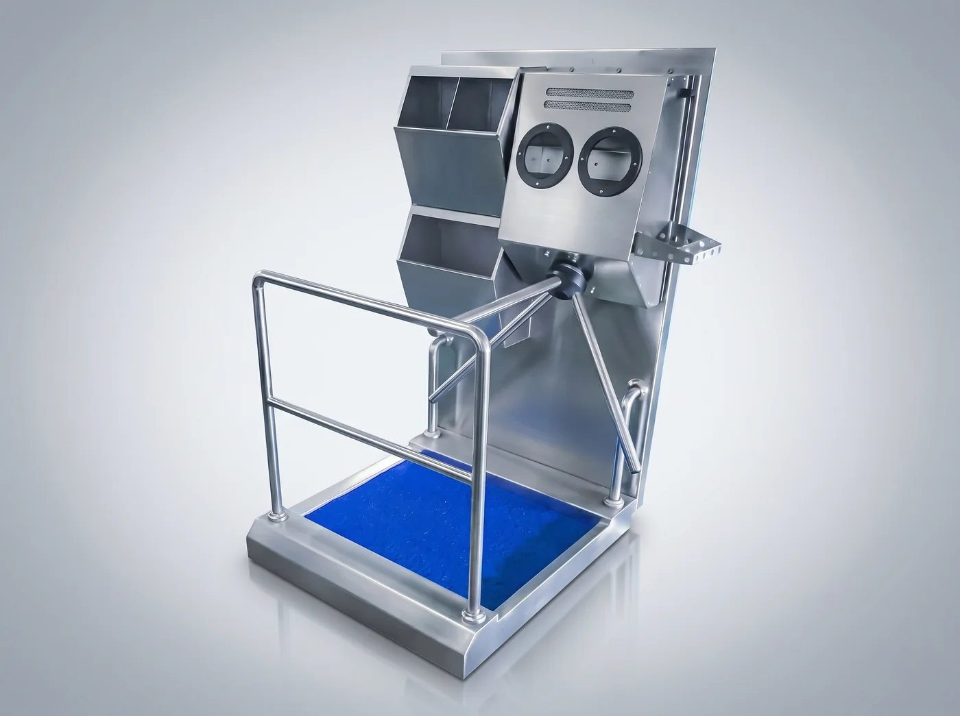 PPE dispensers, dual-hand disinfection unit and mat-lined footbath on the HGE-S hygiene station