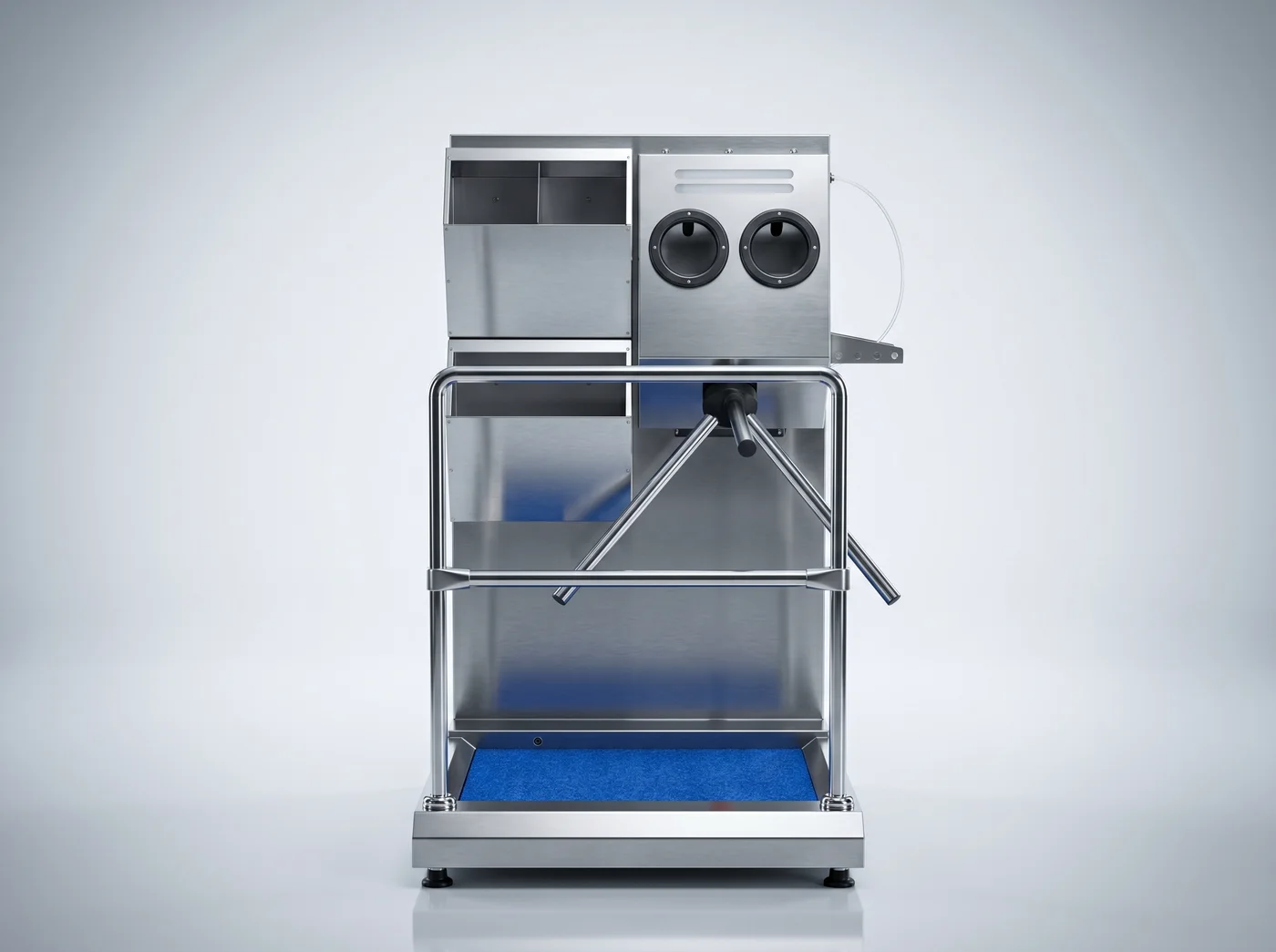 Front view of the HGE-S hygiene station showing PPE dispensers and turnstile-controlled footbath access