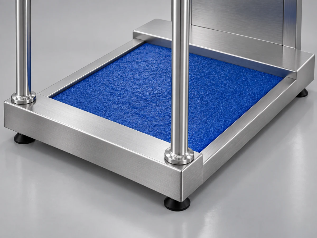 A stainless steel disinfectant footbath with a blue mat and support feet for HGE