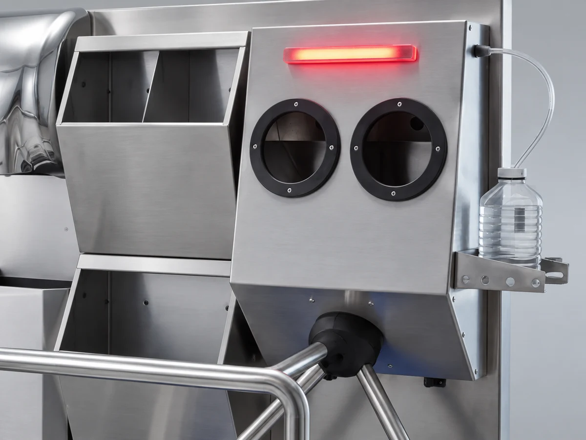 Circular hand openings and red indicator on the HGS-EB dual-hand disinfection unit