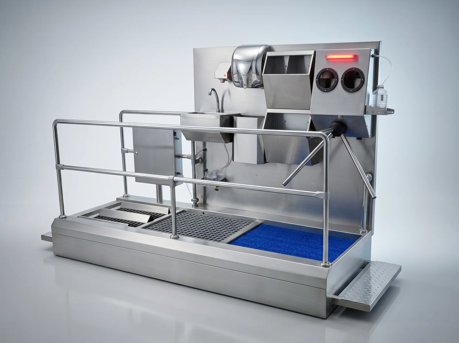 HGS-EB hygiene station with a sink, turnstile, PPE dispensers, sole brushes and grated footbath