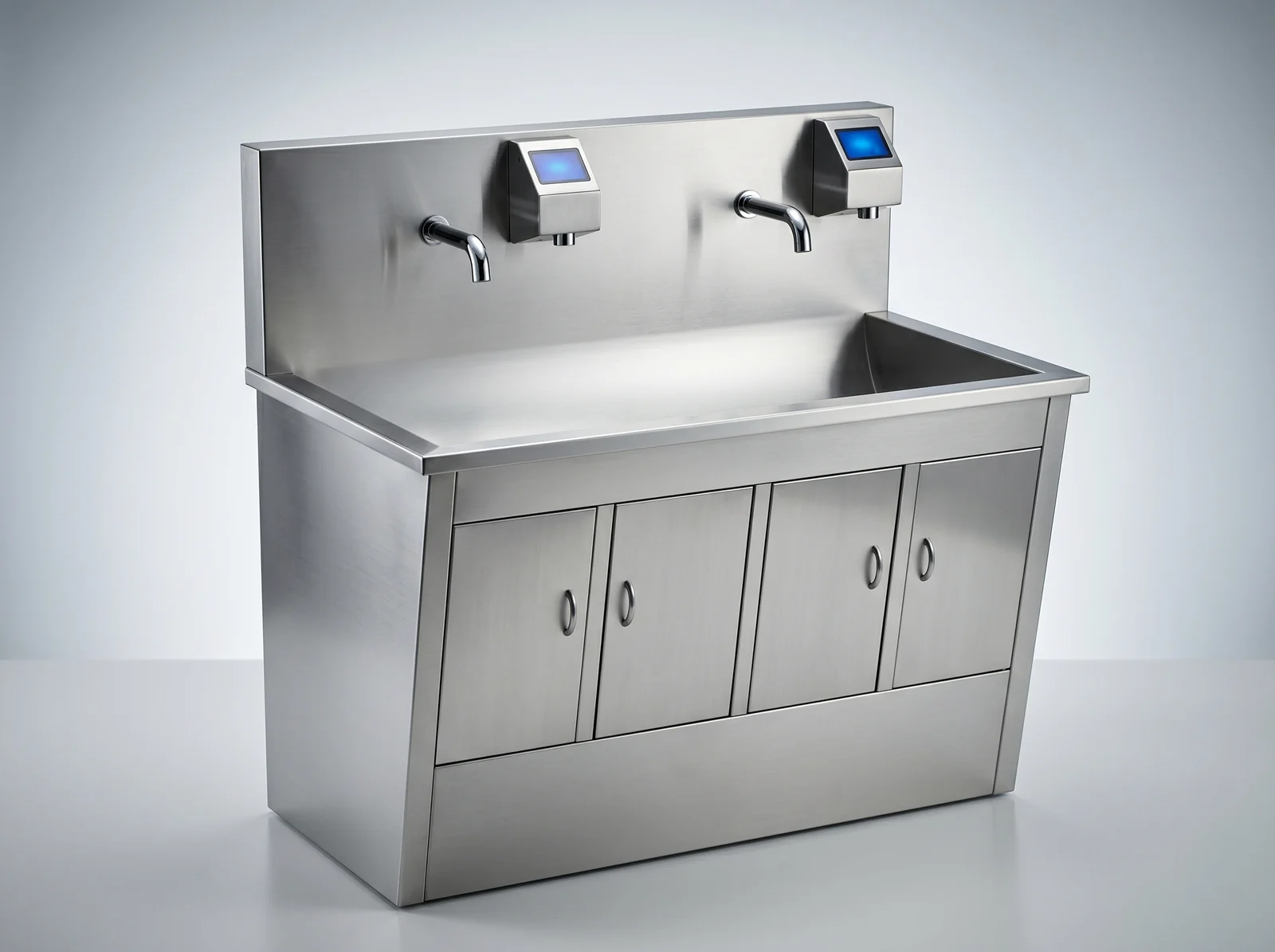 LVS-L2 two-station sensor-operated stainless steel industrial handwashing sink with a base cabinet