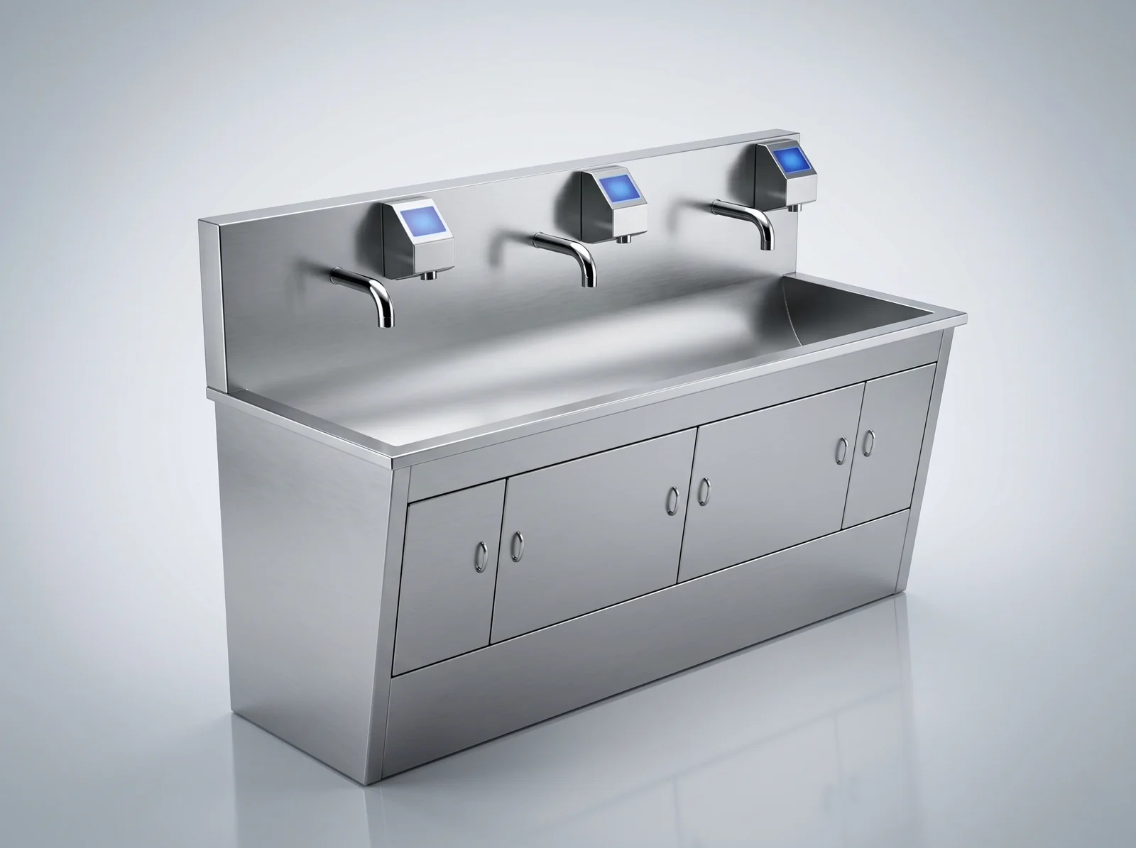 LVS-L3 three-station sensor-operated stainless steel industrial handwashing sink with a base cabinet