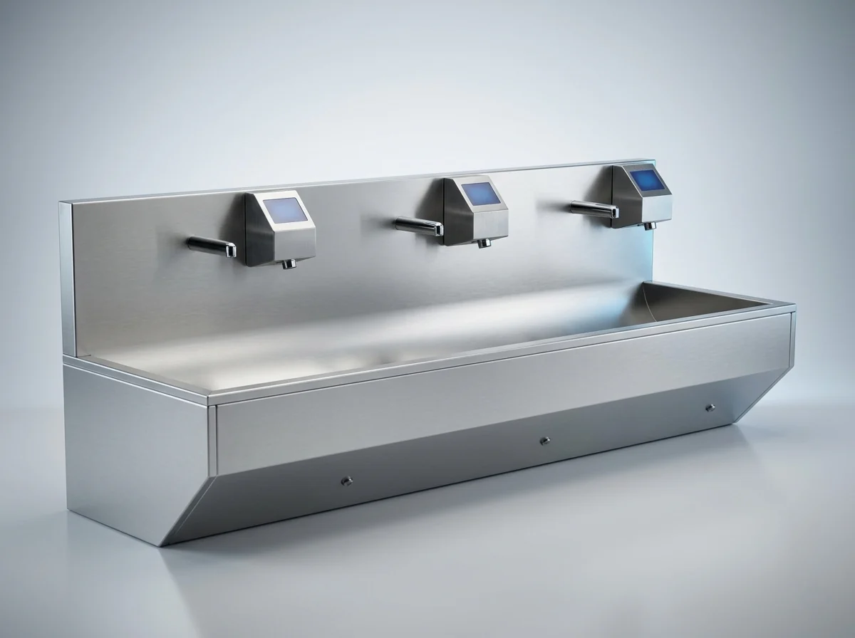 LVS-S3 three-station wall-mounted sensor-operated stainless steel industrial handwashing sink