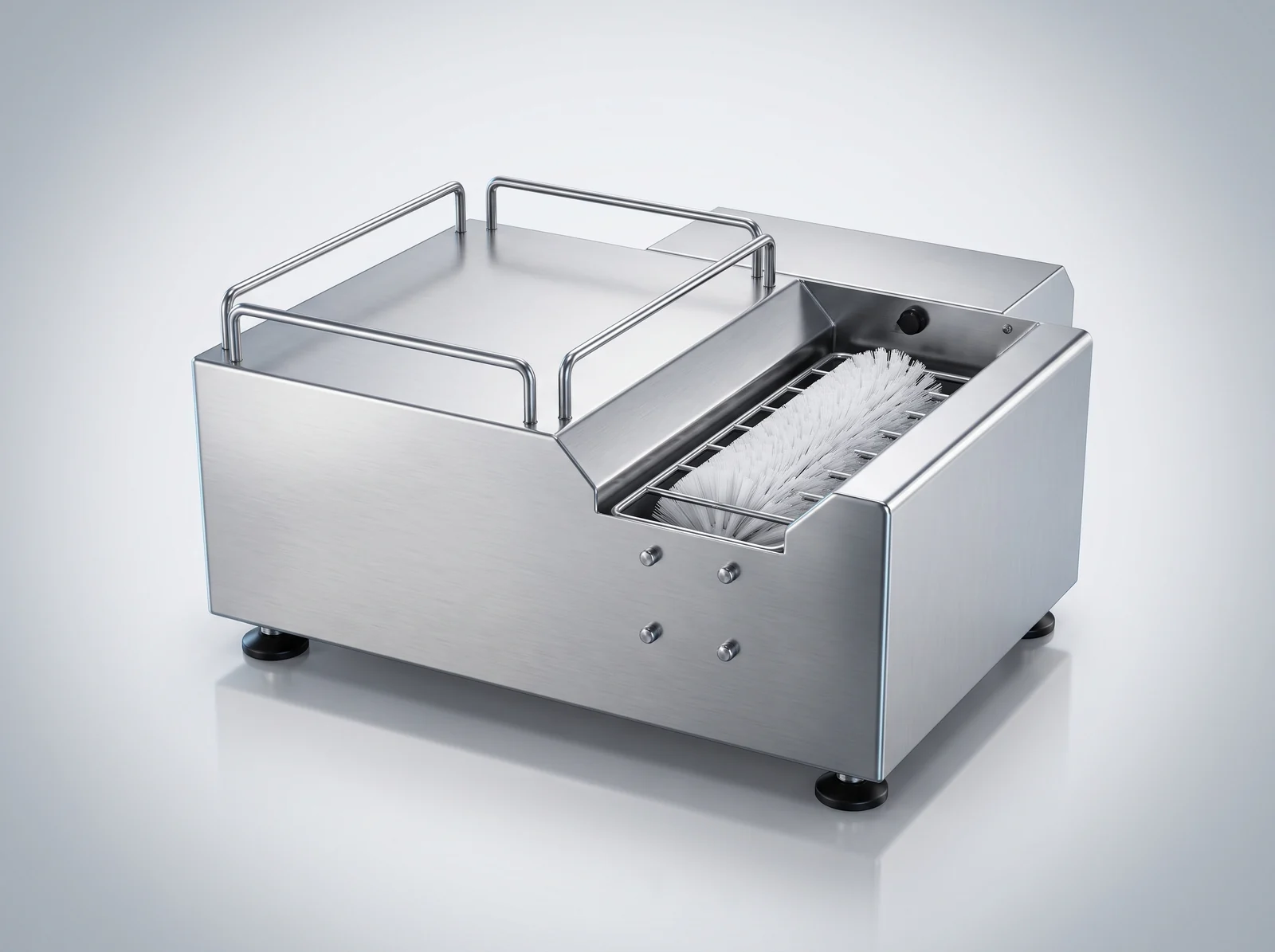 White brush and enclosed stainless steel housing of the YOB-1 compact boot-cleaning machine