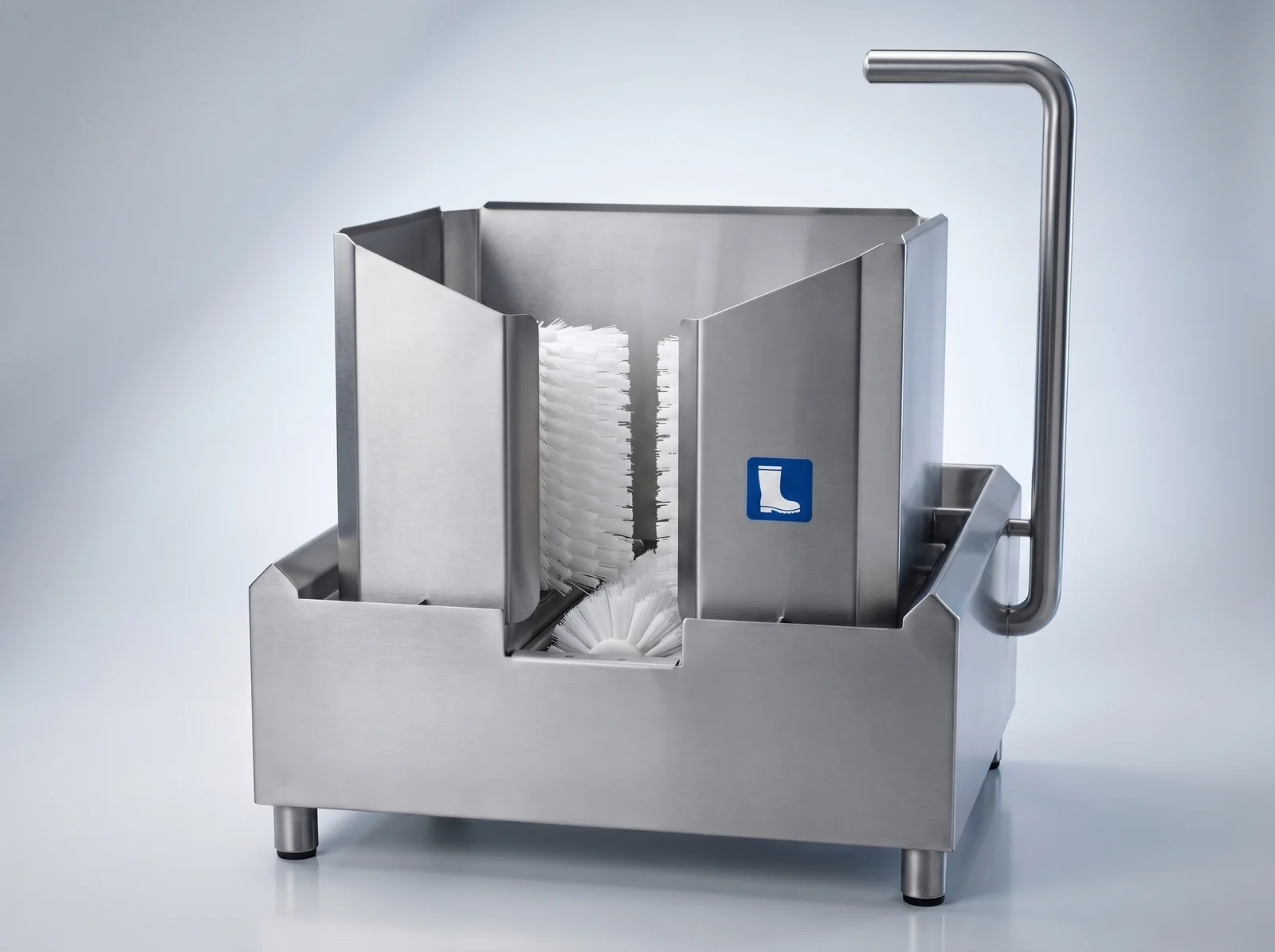 Vertical brushes, hand brush and support rail on the YOC-3 boot washer