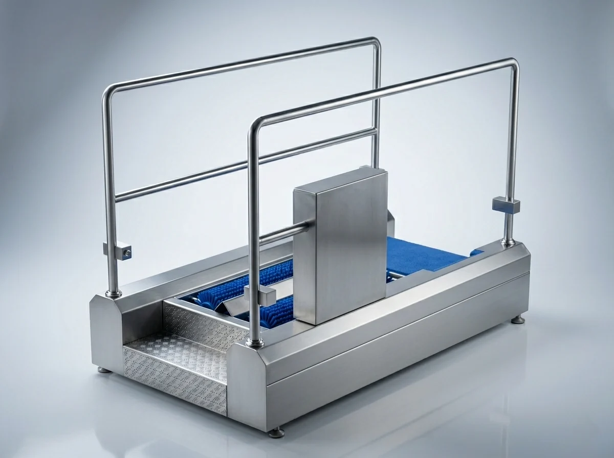 Brush passage platform, blue mat and handrails on the YSB-2 sole-cleaning machine