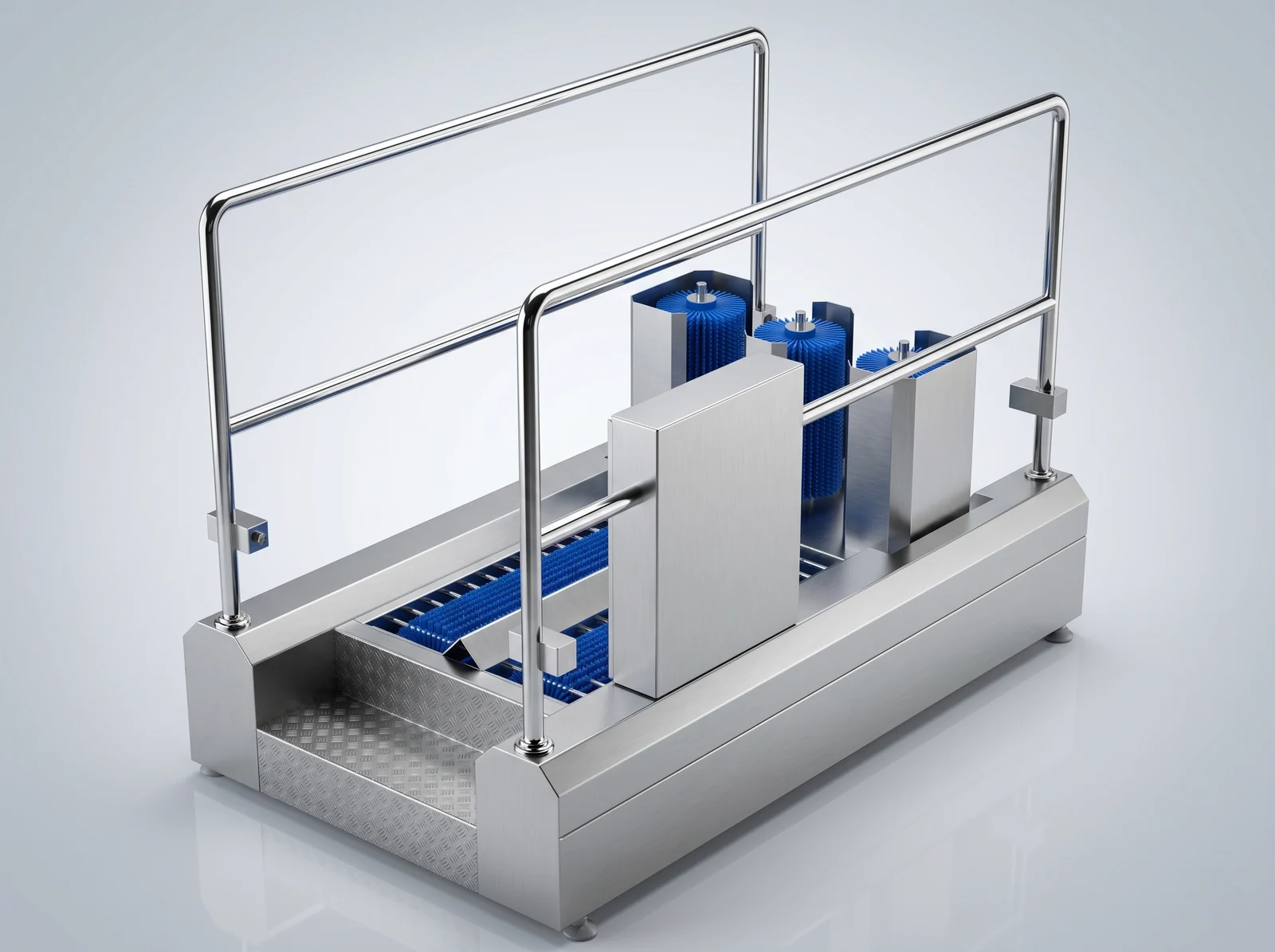 Vertical and horizontal brushes and passage handrails on the YSC-5 boot washer